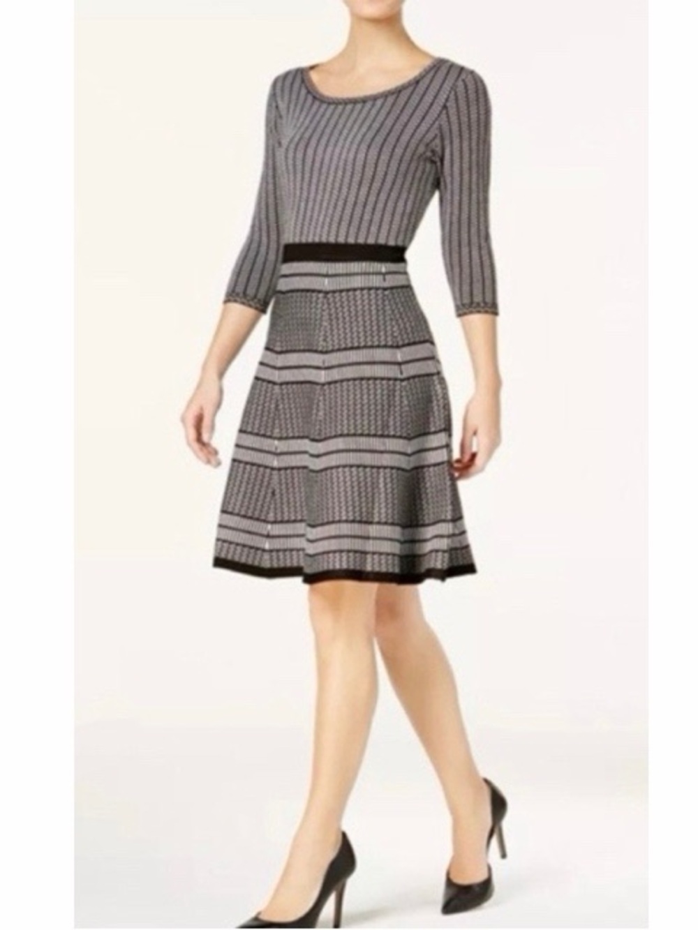 Taylor‎ Striped Fit And Flare Sweater Dress